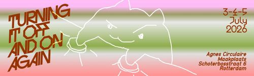 A playful poster announces an upcoming exhibition. Against a pink and olive green gradient background slanted capital letters read 'Turning it off and on again'. An outline drawing of a smirking cat pressing buttons decorates the poster and intersect with the lettering.